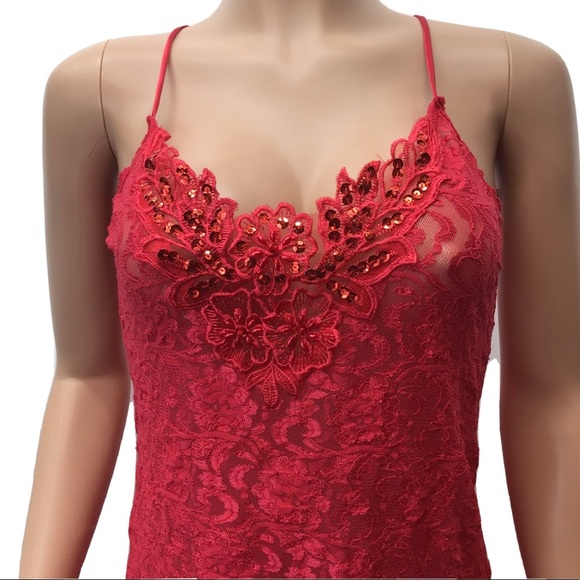 Vtg 1980s Intimate Moods Sexy Red Lace Sequin Slip - Picture 3 of 8